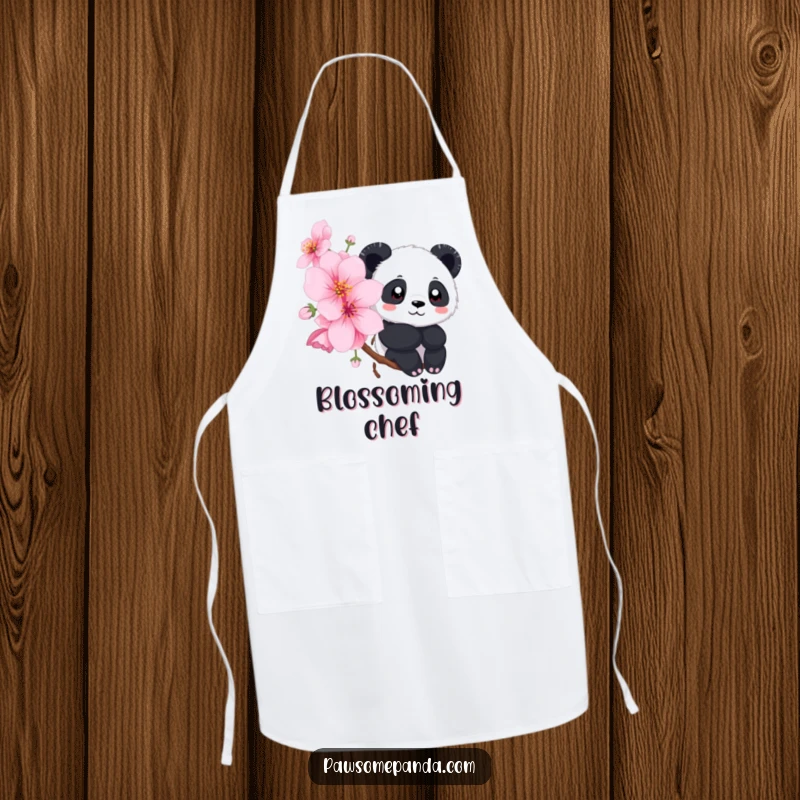 Funny apron showcasing a panda peeking from behind a large cherry blossom, adding a touch of playful charm to kitchen tasks.