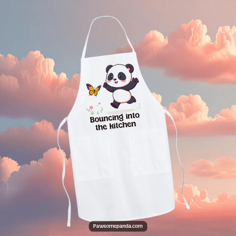 Funny Apron: An energetic panda character playfully chases a butterfly, ready for kitchen fun and culinary delights.