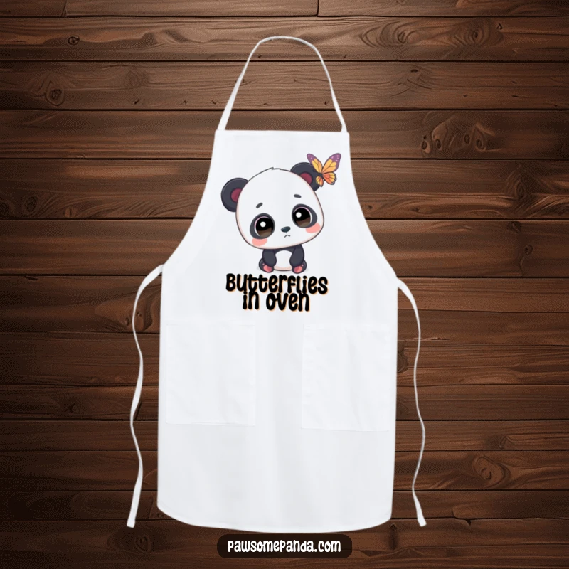 Funny apron showing a panda with wide eyes looking at a butterfly, perfect for lighthearted activities in the garden or kitchen.