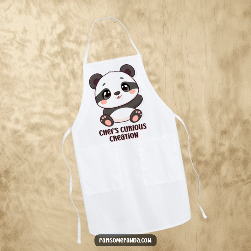 Funny panda apron featuring a curious panda character, perfect for kitchen use and bringing adorable charm.
