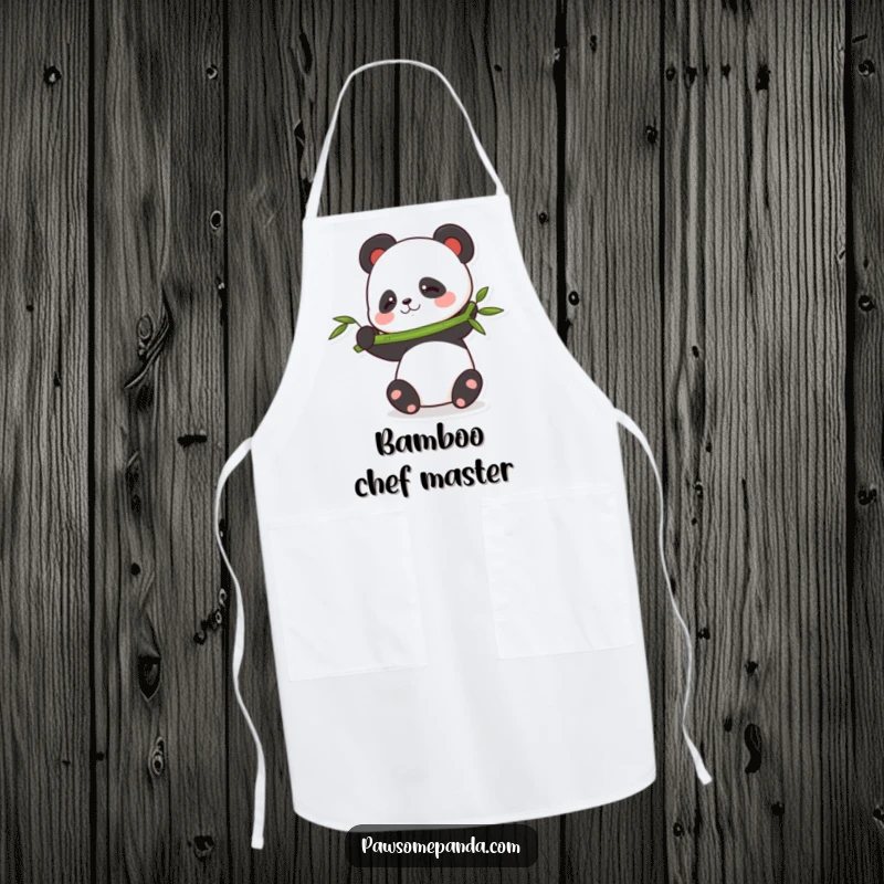 Funny balancing panda apron showing a panda character trying to balance a bamboo stalk, adding humor to kitchen tasks.
