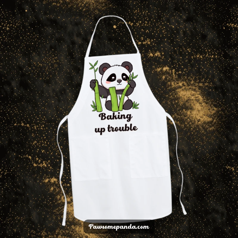 Funny apron with a mischievous panda character hiding stealthily behind a bamboo stalk.