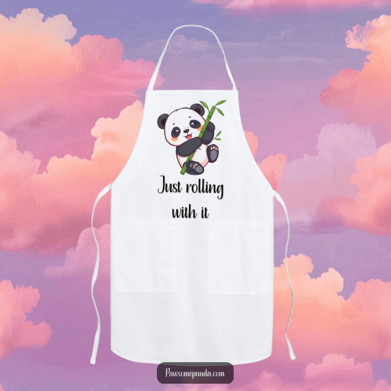Funny panda apron showing a panda bear joyfully tumbling down a bamboo stalk, adding humor to kitchen activities.