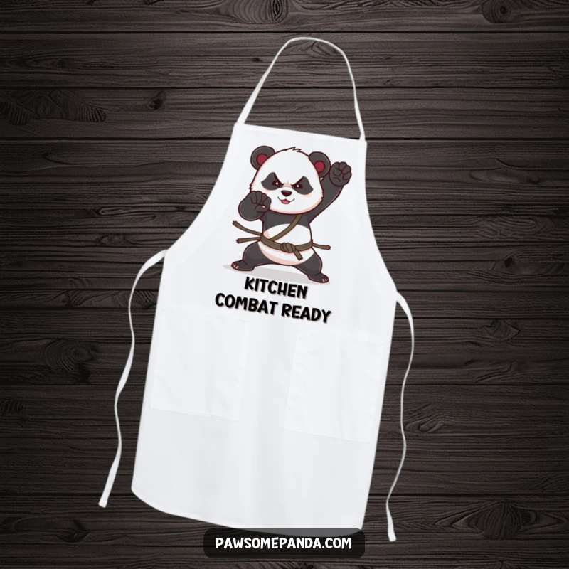 Funny apron depicting a panda in a martial arts pose, perfect for kitchen warriors who appreciate humor and discipline.