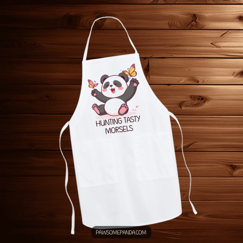 Funny panda apron with a playful panda character chasing a butterfly, perfect for kitchen use and spreading energetic cheer.