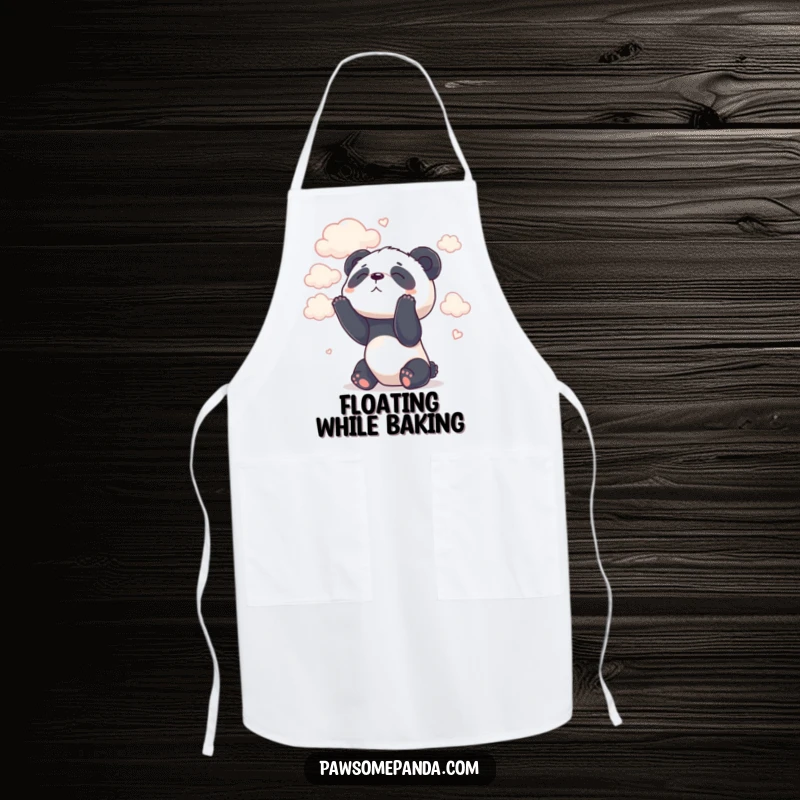 Funny apron with a dreamy panda character gazing up at the sky filled with clouds.