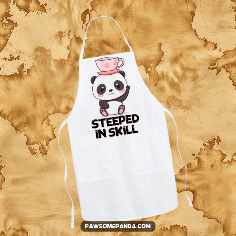 Funny apron with a panda balancing a teacup on its head, ideal for adding humor to hosting or kitchen activities.