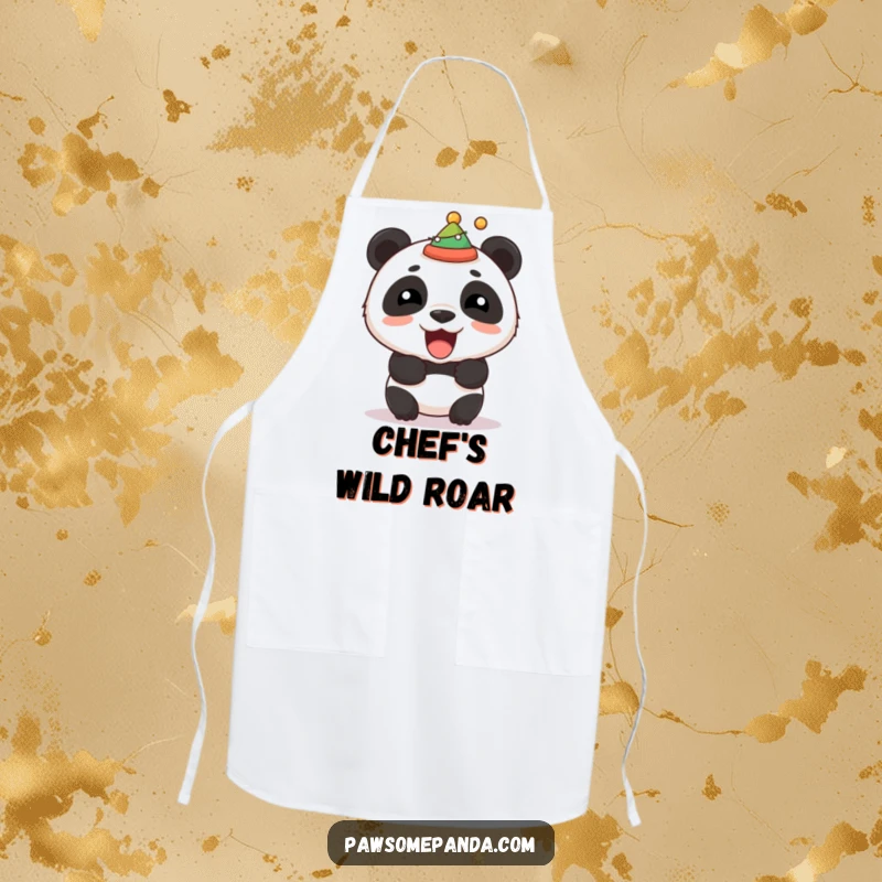 Funny kitchen apron with a stocky panda roaring playfully and wearing a festive hat, perfect for a fun cooking experience.