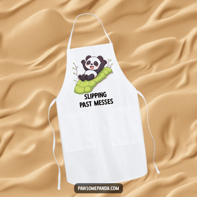 Funny chef apron with a panda character happily sliding down a mossy incline, perfect for humorous kitchen activities.