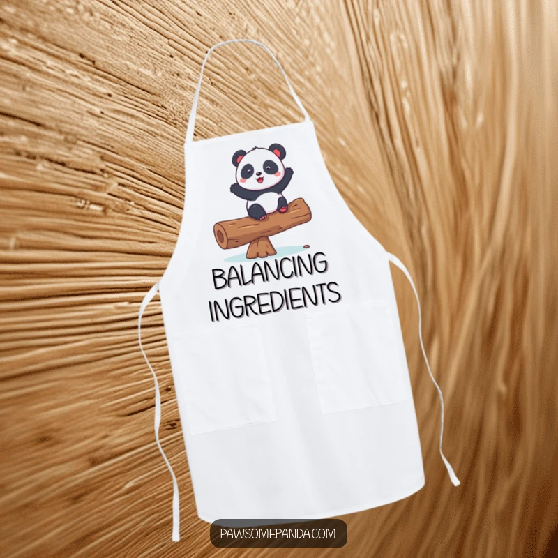 Funny apron illustrating a playful panda character skillfully balancing on a log while cooking, a charming kitchen accessory.