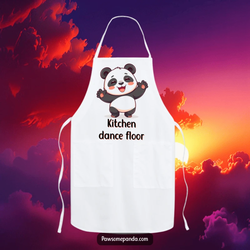 Funny playful panda apron, dancing silly, paws raised, wide smile, protective kitchen wear, a funny gift.