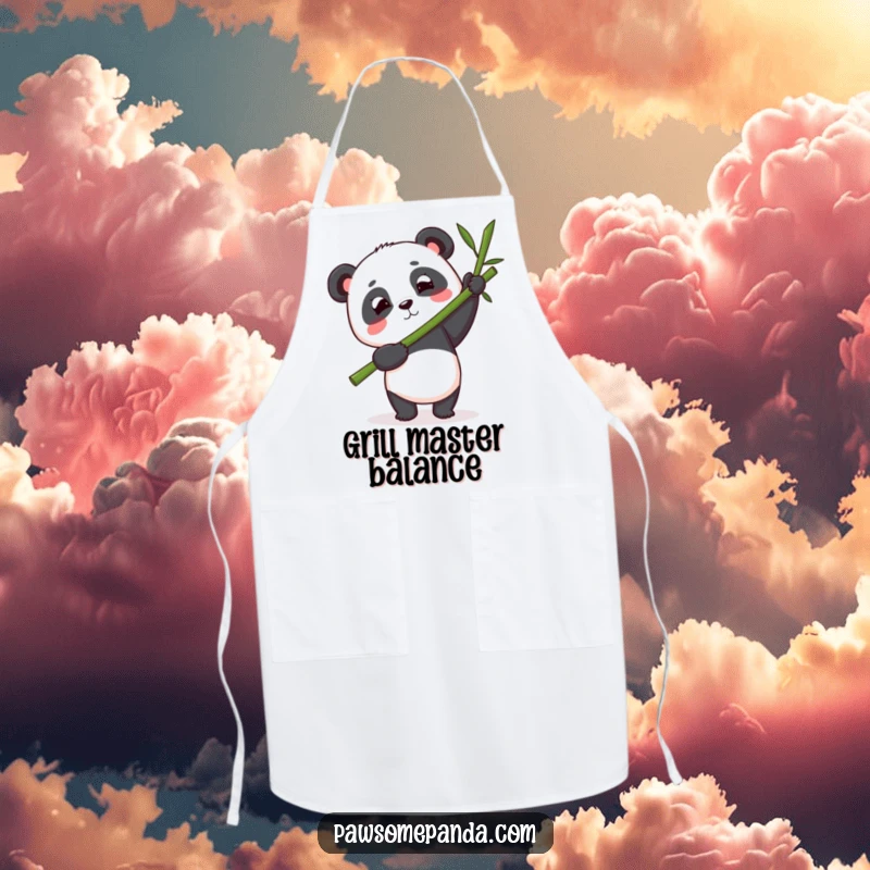 Funny panda apron depicting a determined panda balancing a large bamboo stalk, adding focused humor and charm to kitchen tasks.