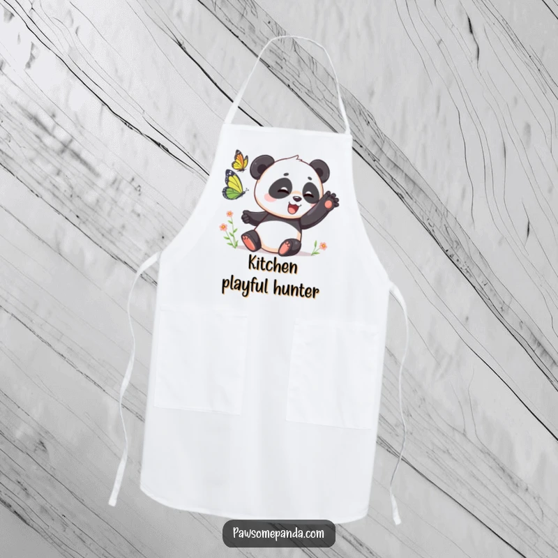 Funny Apron: A playful panda swatting at a butterfly, perfect for kitchen fun and adding nature's charm, a funny gift.