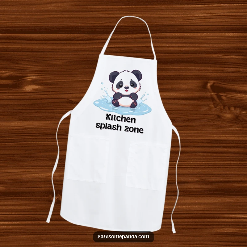 Funny kawaii panda cub playfully splashing in a puddle, on a kitchen apron, adding whimsical charm to cooking.