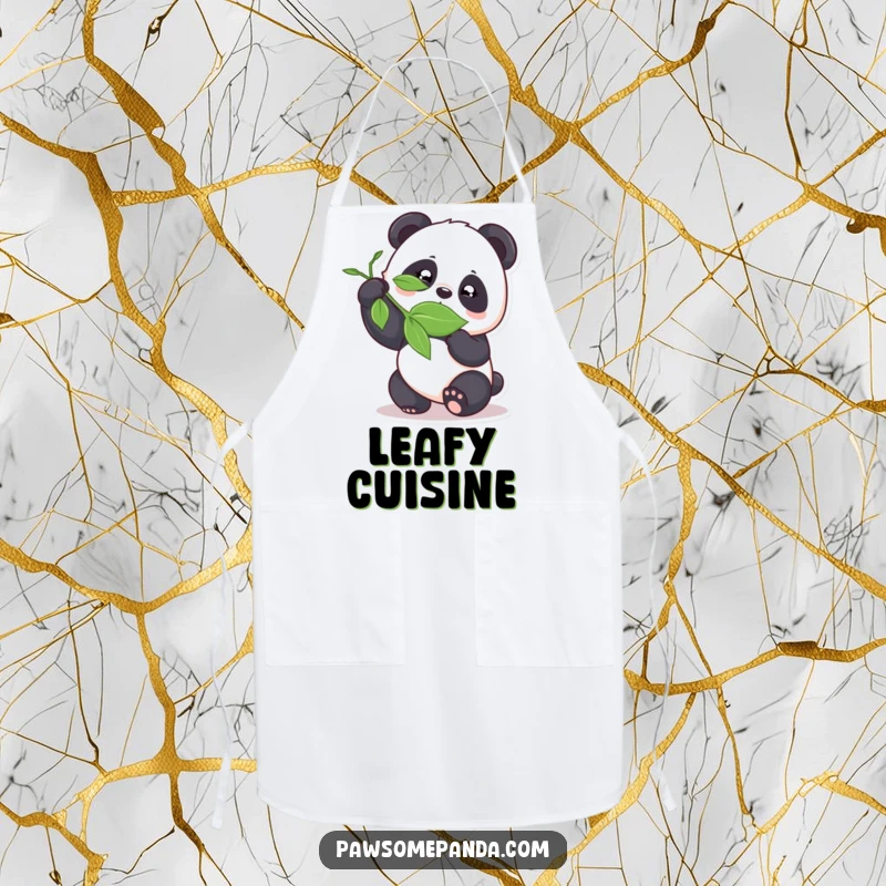 Funny panda playfully bamboozling a leaf on a kitchen apron, perfect for humorous cooking.