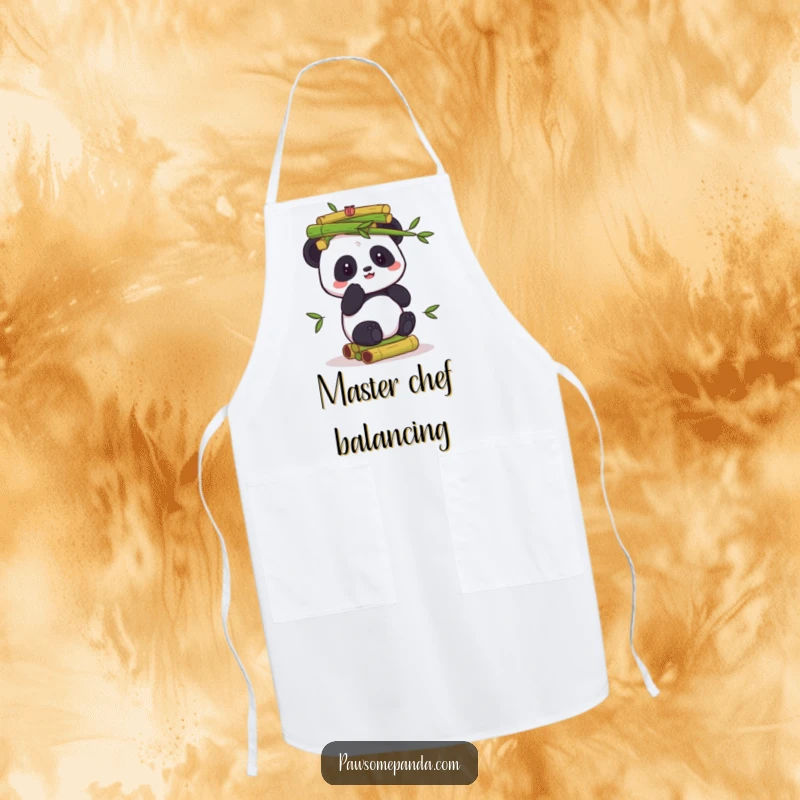 Funny apron depicting a panda character seriously or humorously balancing a tall stack of green bamboo shoots while working in the kitchen.