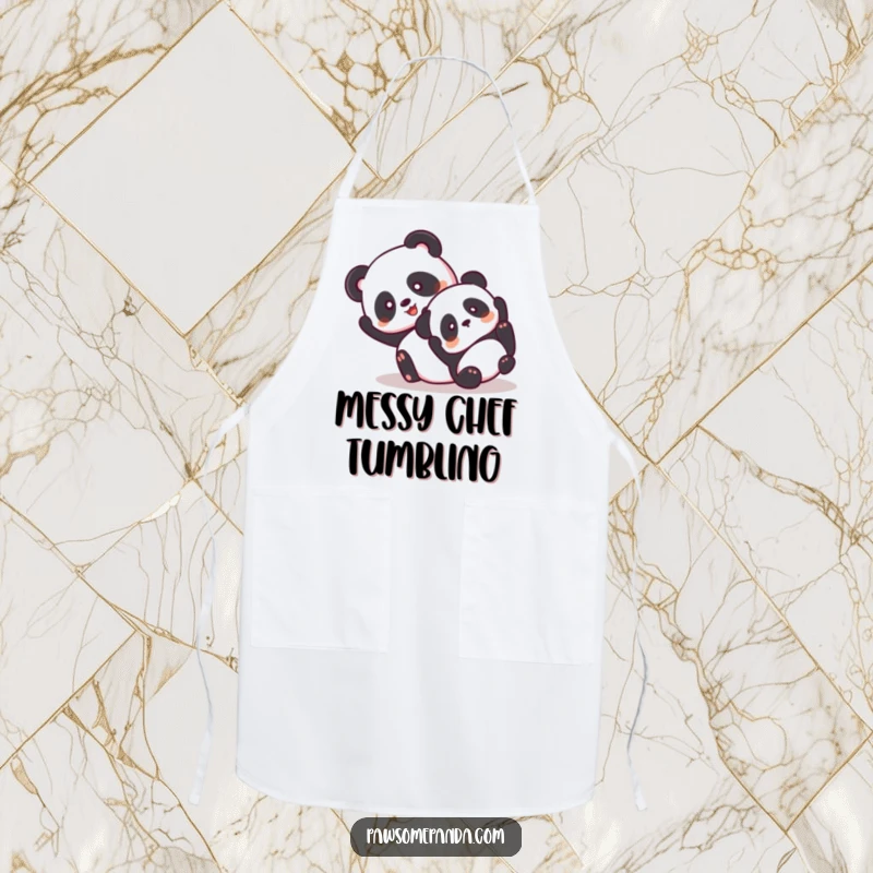 Funny apron with two giddy panda characters hilariously tumbling together.