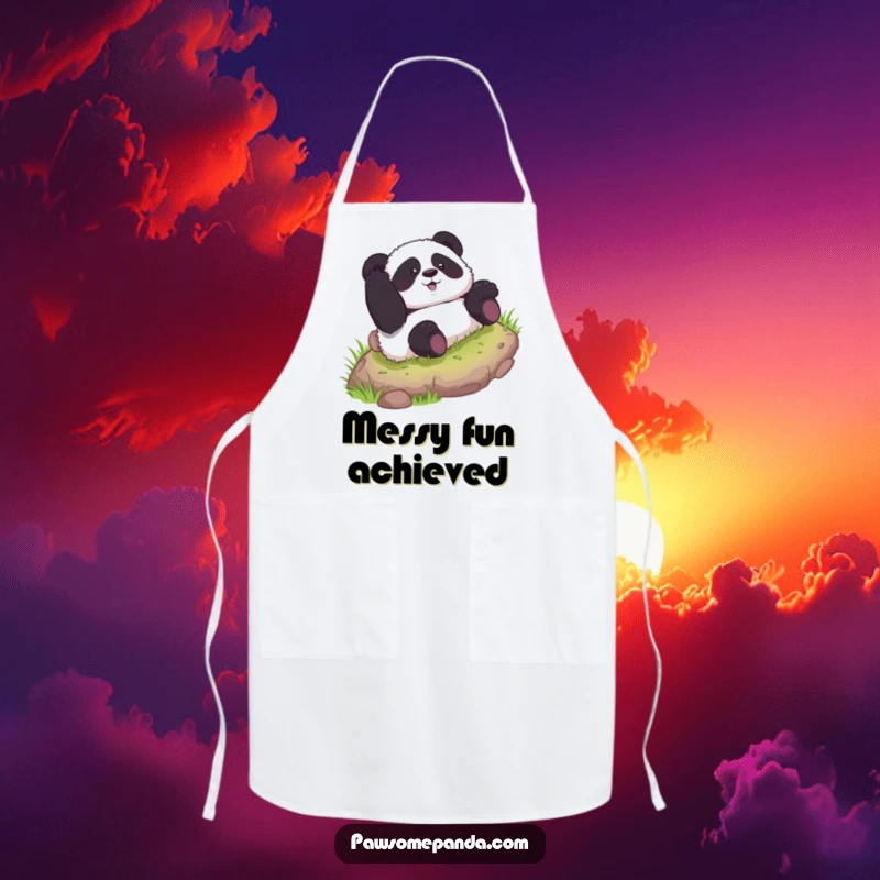 Funny apron showing a curious panda character hilariously rolling down a grassy hill while cooking, a whimsical kitchen accessory.