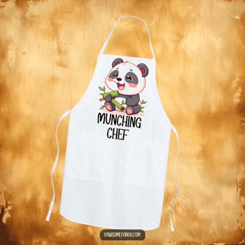 Funny apron with a kawaii panda cub joyfully munching on bamboo, adding a cute and happy element to cooking.