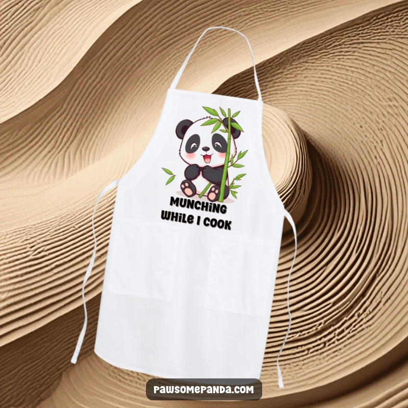 Funny apron design with a happy panda character enjoying a bamboo snack, perfect for adding cute fun to cooking.