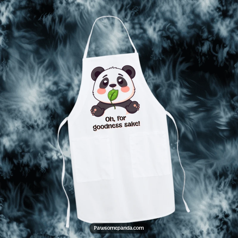Funny apron with a cute panda character looking surprised with a leaf stuck on its nose.