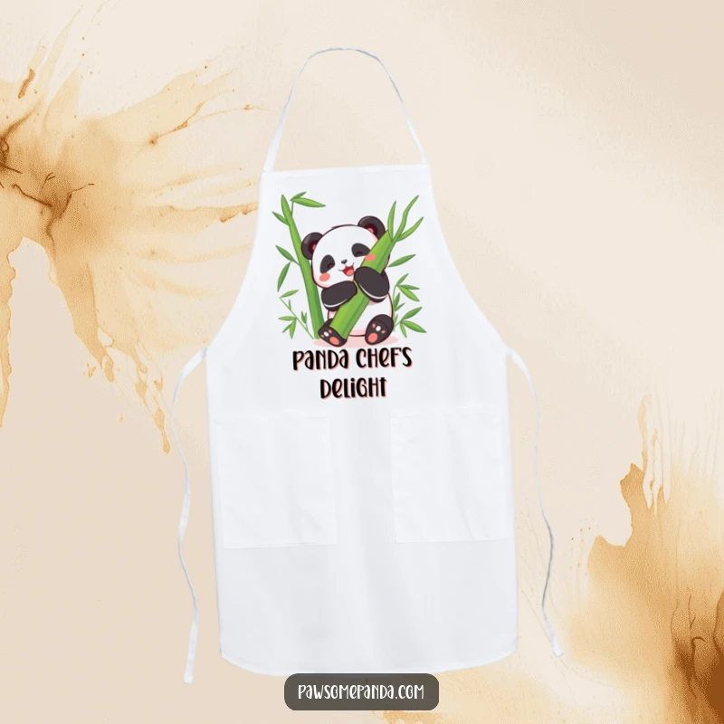 Funny Apron: A happy panda character joyfully hugs a giant bamboo leaf, ready for hilarious cooking fun.