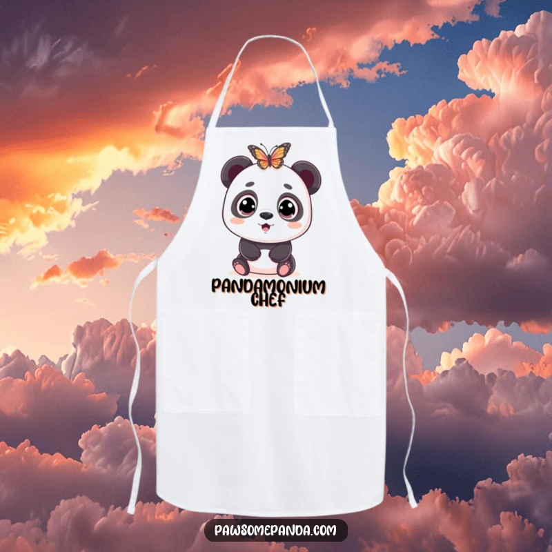 Funny apron featuring a wide-eyed panda character looking comically startled and surprised by the sudden appearance of a fluttering butterfly.