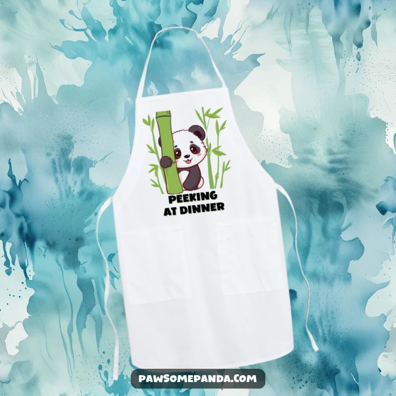 Funny apron with a kawaii panda cub peeking from behind bamboo, bringing a cute and curious element to kitchen tasks.