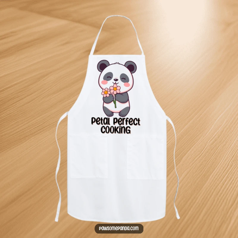 Funny panda apron with a delighted panda holding a flower, perfect for kitchen use and spreading floral cheer.
