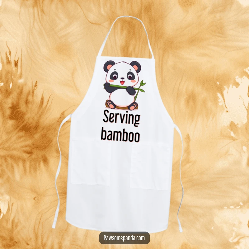 Funny panda balancing bamboo on a kitchen apron, perfect for zen cooking.