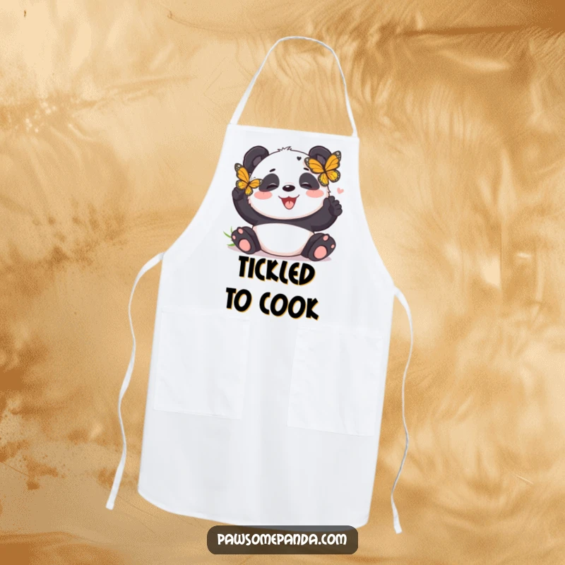 Funny panda apron showing a panda bear giggling while a butterfly tickles its nose, adding humor to cooking.