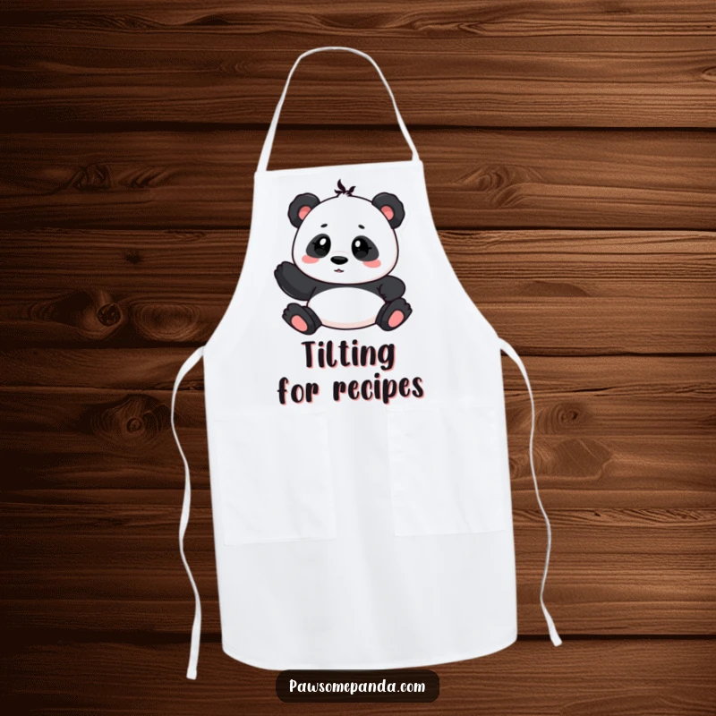 Funny apron showcasing a cute panda character tilting its head curiously, adding a touch of playful investigation to cooking.