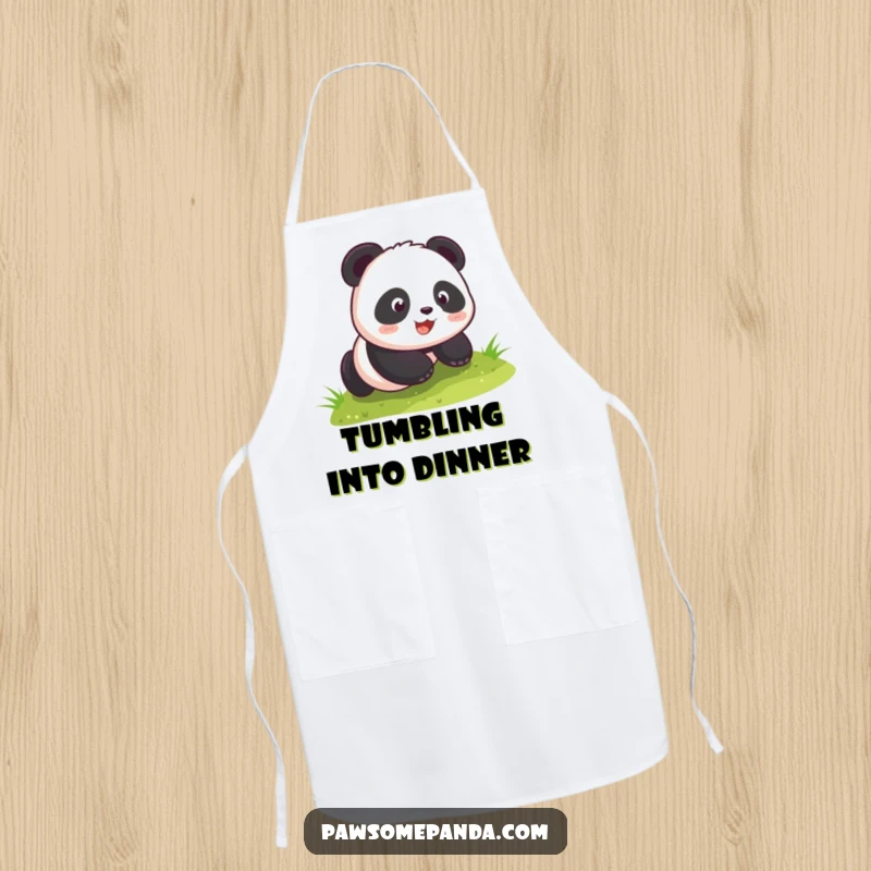 Funny kawaii panda cub energetically rolling down a grassy hill, showcased on a kitchen apron, bringing humor to cooking tasks.