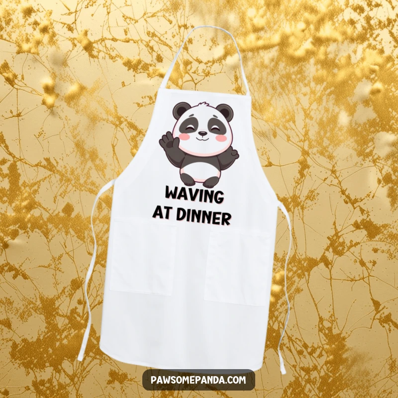 Funny apron graphic of a smiling panda character giving a happy wave, ideal for kitchen use and adding cheer.