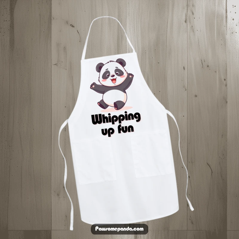 Funny apron featuring a panda character enthusiastically doing a clumsy, happy dance with arms in the air.