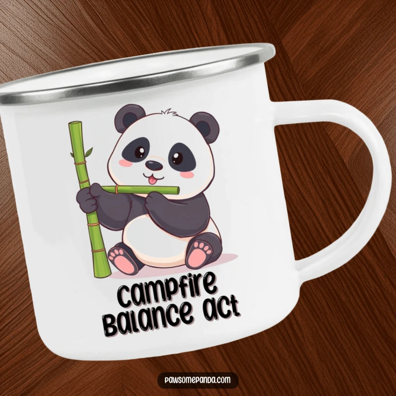 Funny panda camping mug with a chubby panda bear balancing a bamboo shoot on its nose, great for outdoor humor.