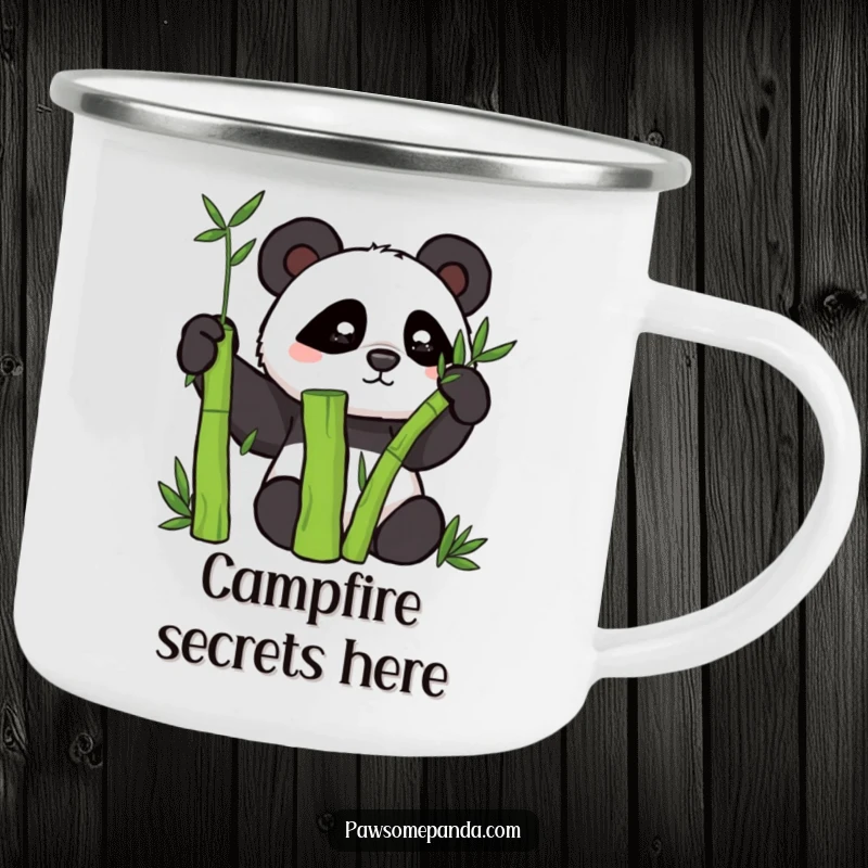 Funny camping mug featuring a mischievous panda character hiding behind a bamboo stalk in nature.