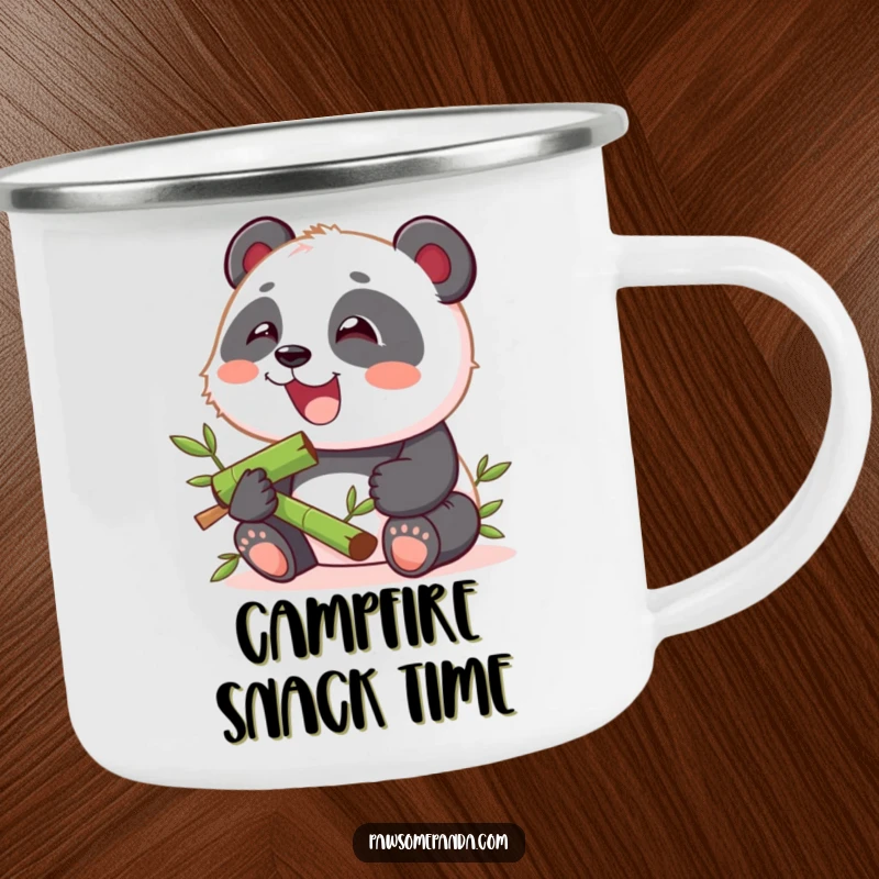 Funny camping mug with a kawaii panda cub happily munching on bamboo, perfect for outdoor enjoyment with a cheerful vibe.