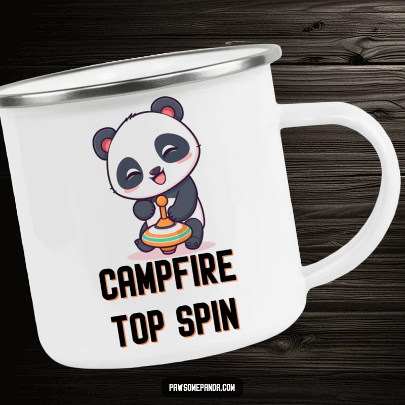 Funny panda enamel camping mug featuring a playful panda character with a mischievous grin balancing a spinning top, perfect for outdoor enthusiasts.
