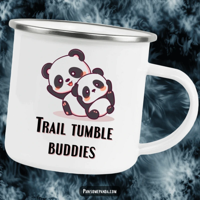 Funny camping mug showing two giddy pandas hilariously tumbling together during an outdoor adventure.