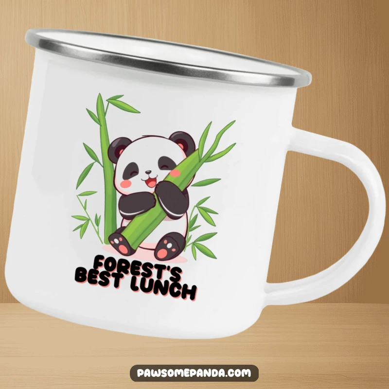 Funny Camping Mug: A happy panda character joyfully hugs a giant bamboo leaf, adding hilarious delight to outdoor brews.