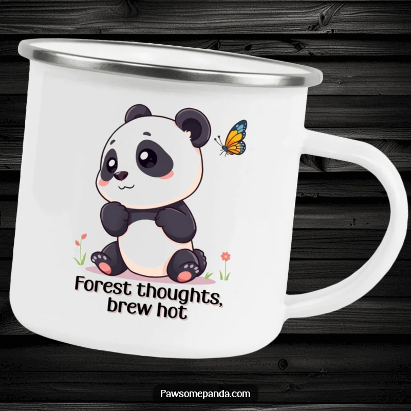 Funny enamel camping mug with a curious panda tilting its head to watch a butterfly, perfect for outdoor use.