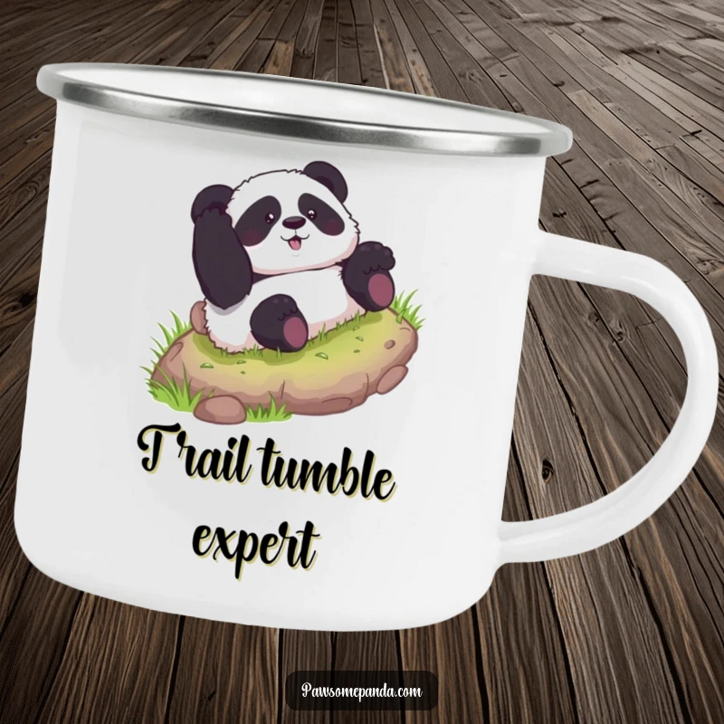 Funny camping mug with a curious panda character rolling down a grassy hill, ready for outdoor fun and laughter.