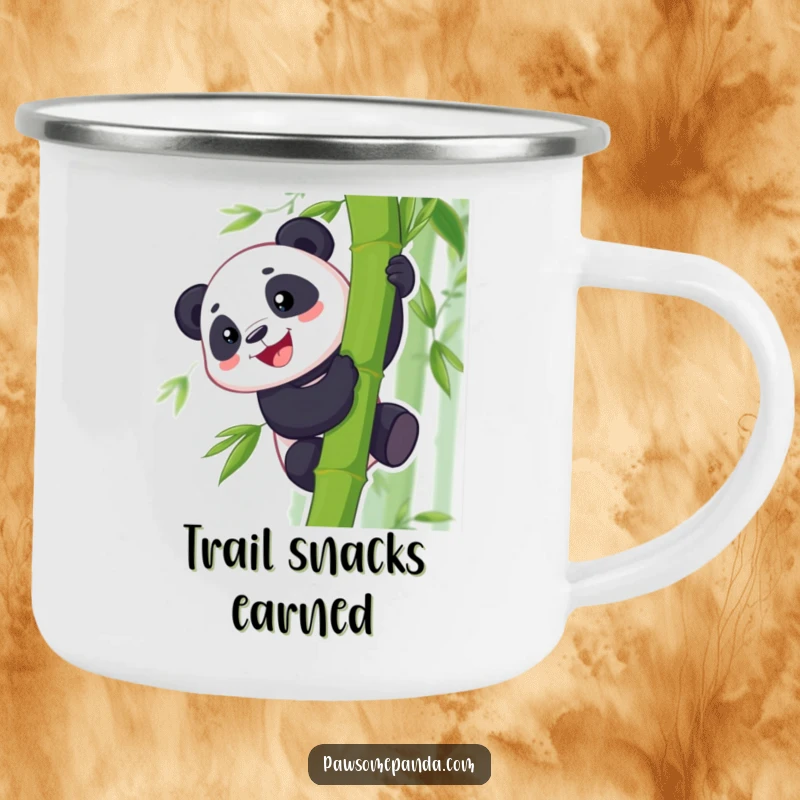 Funny camping mug with a grinning panda character climbing a bamboo stalk, ideal for enjoying drinks in the great outdoors.