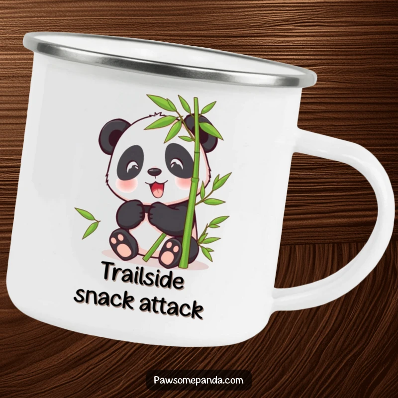 Funny camping mug with a happy panda character peacefully eating bamboo, designed for outdoor adventures and cute vibes.