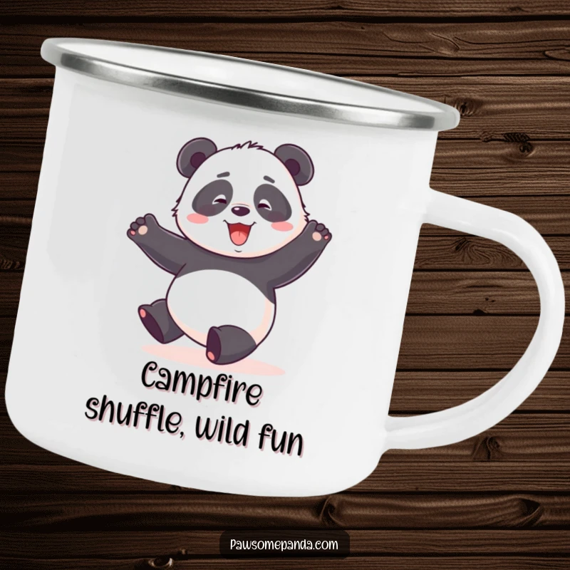 Funny enamel camping mug with a panda character doing a clumsy, happy dance with arms in the air.
