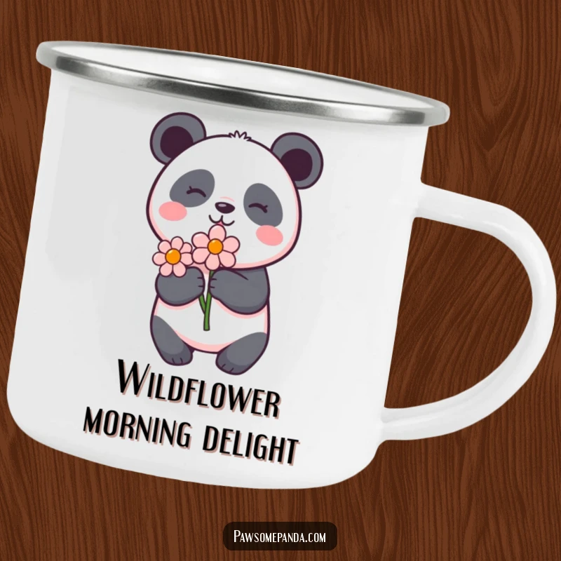 Funny panda camping mug featuring a delighted panda holding a flower, perfect for outdoor use and bringing floral cheer.