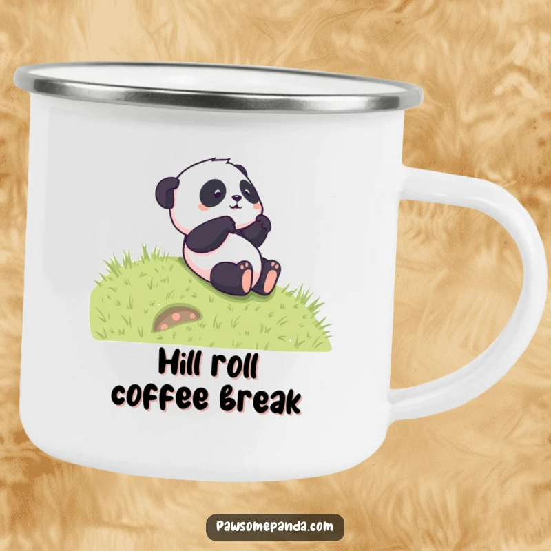 Funny camping mug showcasing a panda character rolling down a hill, designed for durability and adding humor to outdoor trips.