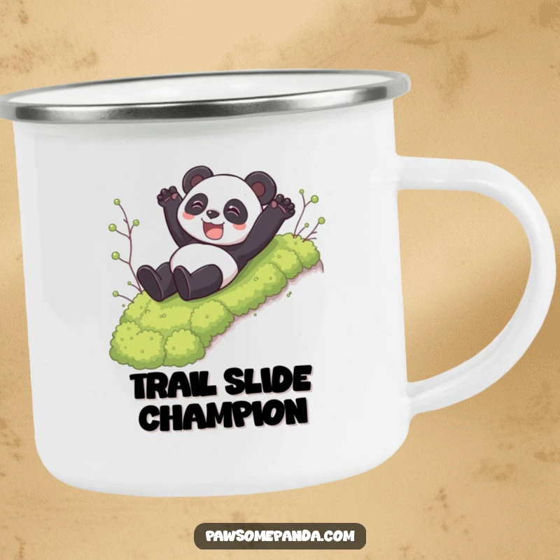 Funny camping mug featuring a panda character sliding down a mossy incline, perfect for outdoor enjoyment and humorous sipping.