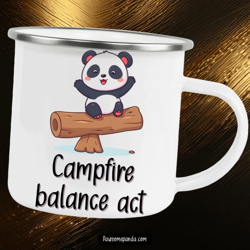 Funny camping mug featuring a playful panda character balancing on a log, embodying steady fun for outdoor enthusiasts.